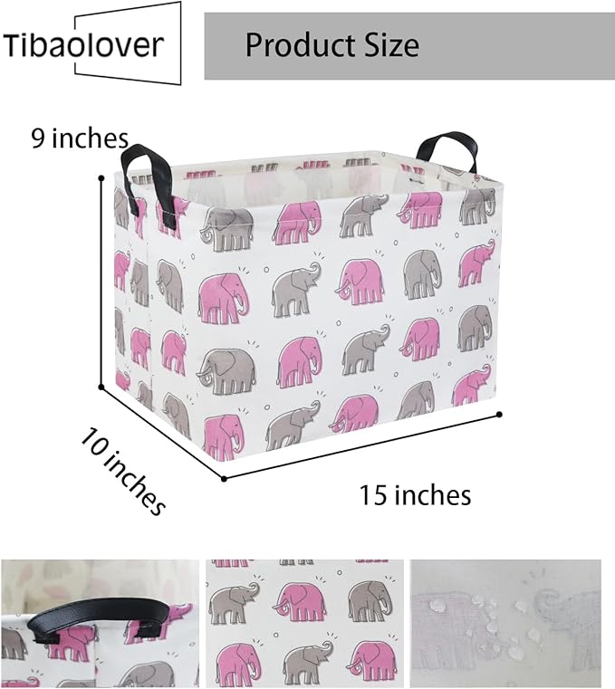 TIBAOLOVER Elephant Baby Storage Bin Pink Elephant Decor for Girls Room Toy Shelf Gift Basket (Rectangular Shape, Handles for Easy Carry)