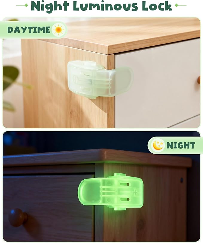 Luminous Lock for Drawer, Roctee 6 Pack Drawer Cabinet Locks Glow in The Dark Button Furniture Latch Kitchen Cupboard RV Barn, Night Easy Unlock, Fluorescent Decor