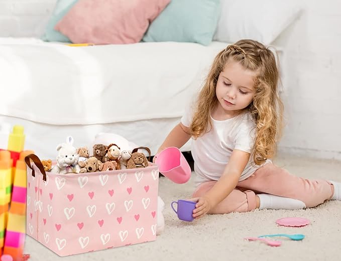 TIBAOLOVER Rectangular Kids Storage Basket Gift Basket Baby Storage Basket Cute Kids Toy Storage Bin Organizer Shelf Book Basket Room Decor(Pink Heart)