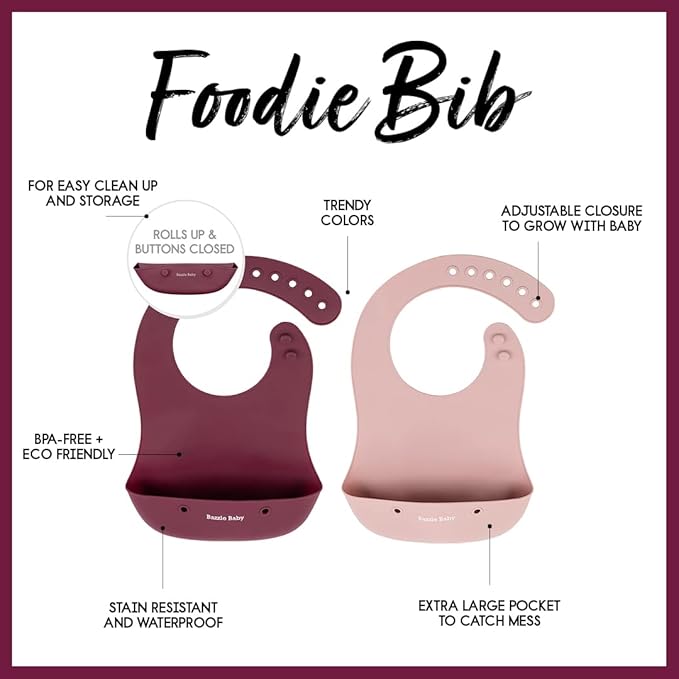Bazzle Baby Silicone Bibs with Food Catcher - Rolls Up and Button closed for easy travel and storage Waterproof 2-Pk