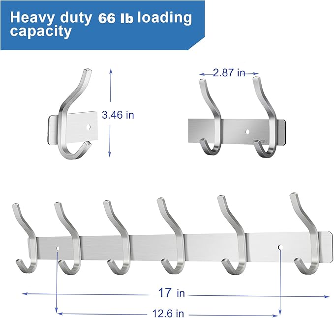 HAMUTH Wall Hooks Heavy Duty, 17 Inch Coat Rack Wall Mount with 6 Hooks, Silver Wall Hooks for Hanging Backpack, Bag, Purse, Clothes, Hat, Coat, Towel | Entryway & Bathroom Storage Organization Hanger