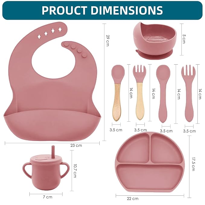 Dormlony 100% Silicone Baby Feeding Set,BPA Free Baby Dishes Set with Suction Bowl Divided Plate,Toddler Self Feeding Dish Set with Spoons Forks Sippy Cup and Bib, Baby Eating Utensils (Coral)