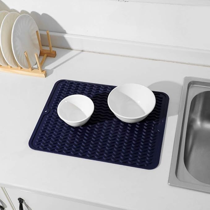 MicoYang Silicone Dish Drying Mat for Multiple Usage,Easy clean,Eco-friendly,Heat-resistant Silicone Mat for Kitchen Counter or Sink,Refrigerator or drawer liner Navy Blue L 16 inches x 12 inches