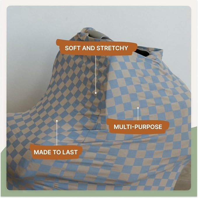 Parker Baby 4 in 1 Car Seat Cover for Girls and Boys - Stretchy Carseat Canopy, Nursing Cover, Grocery Cart Cover, High Chair Cover - "Stormy Blue Checker"