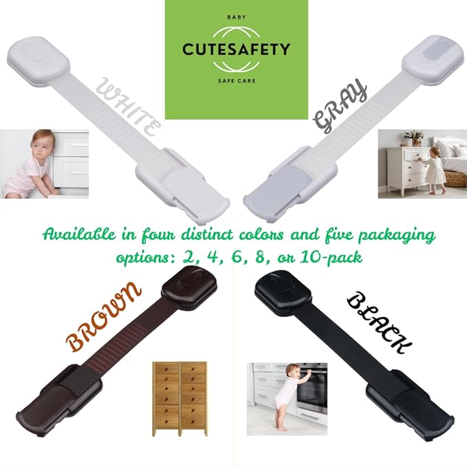 CUTESAFETY - Child Safety Cabinet Locks (2 Pack) – Adjustable Baby Proofing Strap Latches with Strong 3M Adhesive – No Drill Childproof Locks for Drawers, Cabinets, Fridge, Door, Closet, Grey
