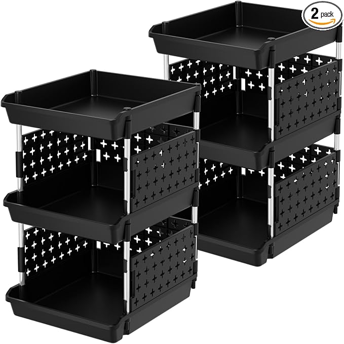 Lifewit Plastic Stackable Storage Baskets, 3 Tier Stacking Bins for Food and Clothes, Multifunctional Organizer for RV, Kitchen, Playroom, Pantry, Black, 35 x 30 x 50 cm/14 x 12 x 20 inch, 2 Pack