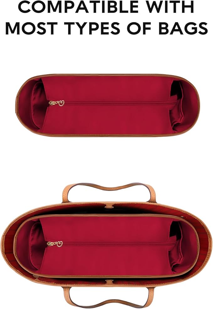 GIVLEFLY Tote Organizer Insert with Multiple Pockets Zipper Purse Dividers with Handle Lightweight Purse Liner with Cup Holder Fit for Longchamp Large Medium Size and Neverful and More (Large,Red)