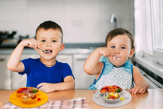 Linowos Baby Divided Plate Silicone- Portable Non Slip Child Feeding Plate with Suction Cup for Children Babies and Kids BPA Free Baby Dinner Plate Microwave Dishwasher Safe … (Duck-Gray)