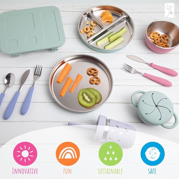 Elk and Friends 7.8” Stainless Steel Non Divided Plates with Silicone Sleeve + Storage Lid | Baby, Toddler, Kids | Dishwasher Safe | Dinner & Snack Plates | 4 Pack