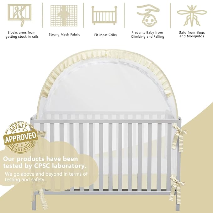 L RUNNZER Baby Safety Crib Tent, Pop Up Canopy for Crib to Stop Baby from Climbing Out, Infant Mesh Cover Mosquito Net with Sturdy Frame & Soft Mesh, Beige, (R07-beige)