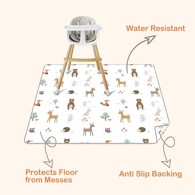 CLYMENE Splat Mat for Under High Chair | 51x51 Inch Anti-Slip Baby Splash Mat | Waterproof & Washable Spill Mat for Highchair Floor and Infant Play (Woodland Tale)