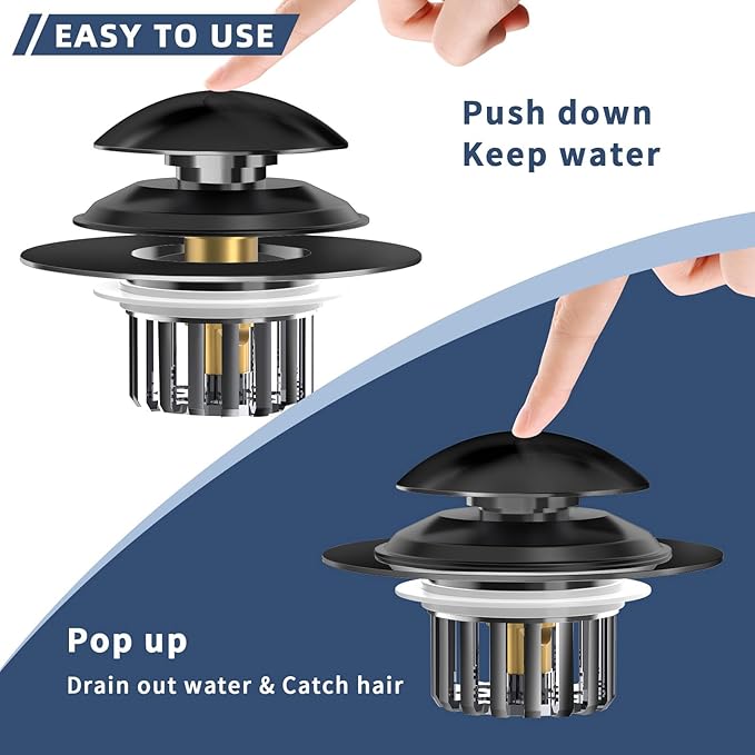 Drain Strainer Universal Tub Stopper Bathtub Drain, Drain Hair Catcher and Cover, Pop Up Tub Stopper Bathtub Drain Plug Cover Replaces Bath Tub Bathtub Drains (Black)