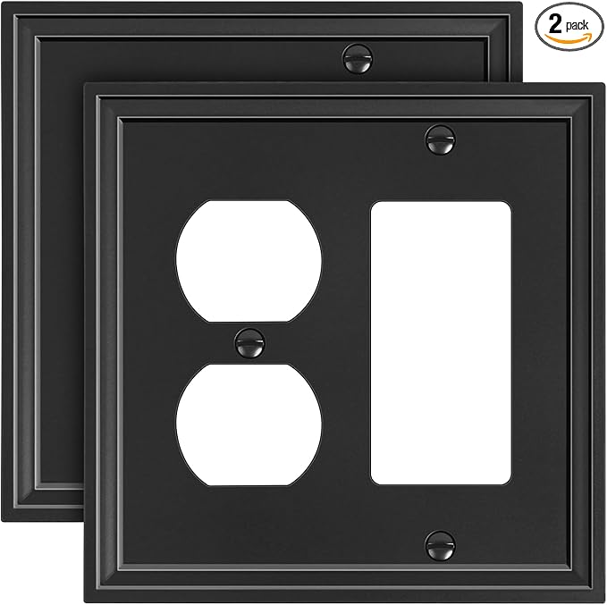 2-Pack Combo Duplex/Decorator Light Switch Cover Plate, Black Modern Decorative Electrical Outlet Covers, Bamboo Fiber Wall Switch Plates and Outlet Covers