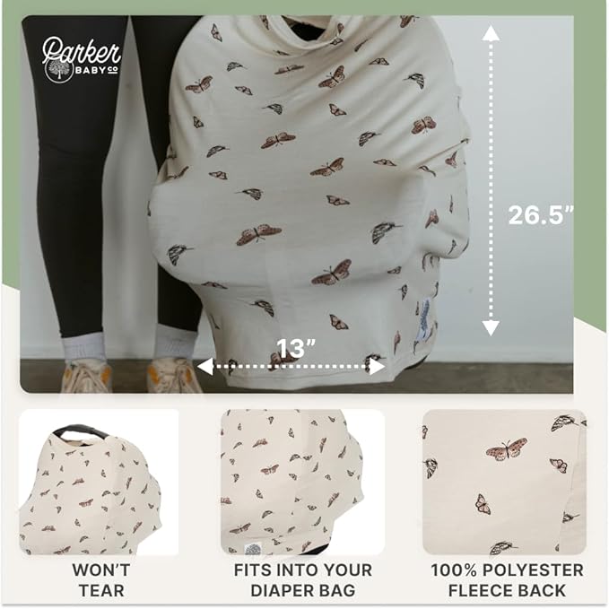 Parker Baby 4 in 1 Car Seat Cover for Girls and Boys - Stretchy Carseat Canopy, Nursing Cover, Grocery Cart Cover, High Chair Cover - "Butterfly"