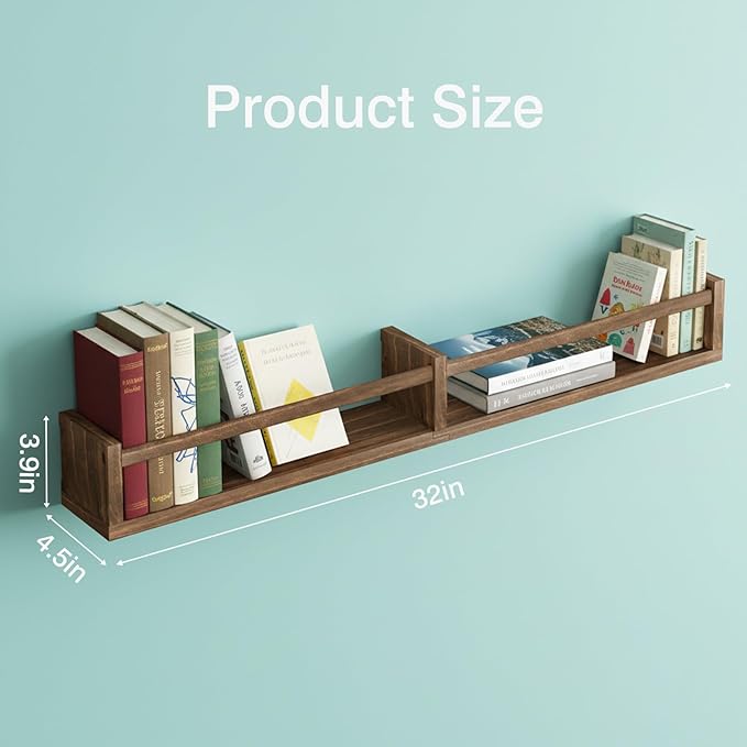 Fixwal Nursery Book Shelves, 32 Inch Floating Bookshelves for Wall Set of 4, Baby Nursery & Playroom Decor, Solid Wood Wall Mounted Shelves for Books and Toys Storage (Brown)