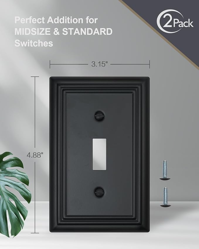 2-Pack Single Toggle Wall Plates, Decorative Black Switch Plate Covers, Metal Light Switch Covers, Durable Metal, 3.15''*4.88'', Midsize