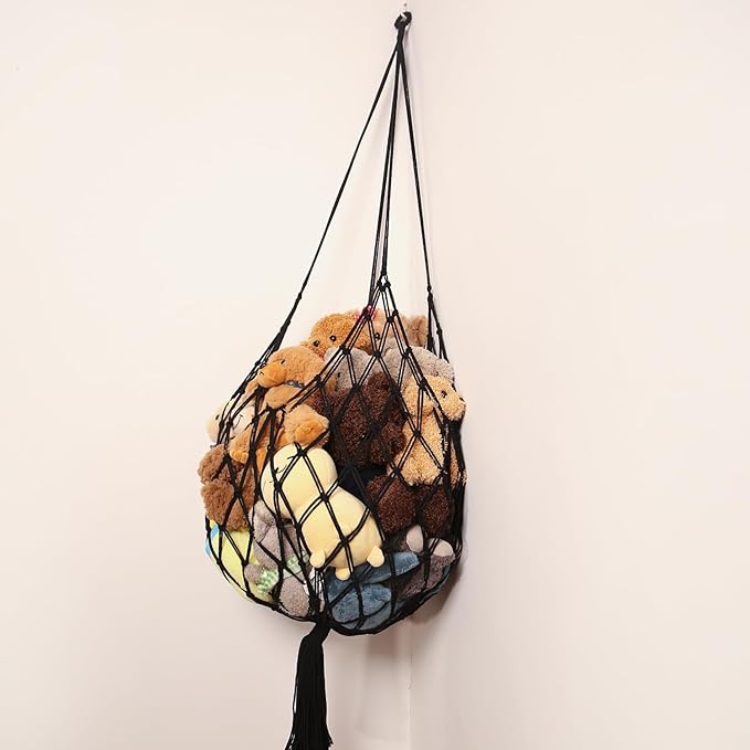 Stuffed Animal Storage Hammock Corner Hanging Net Stuffy Animal Hammock Macrame Toy Display Plush Toy Holder for Kid Bedroom Decor Boho Nursery Playroom Organizer (Black)