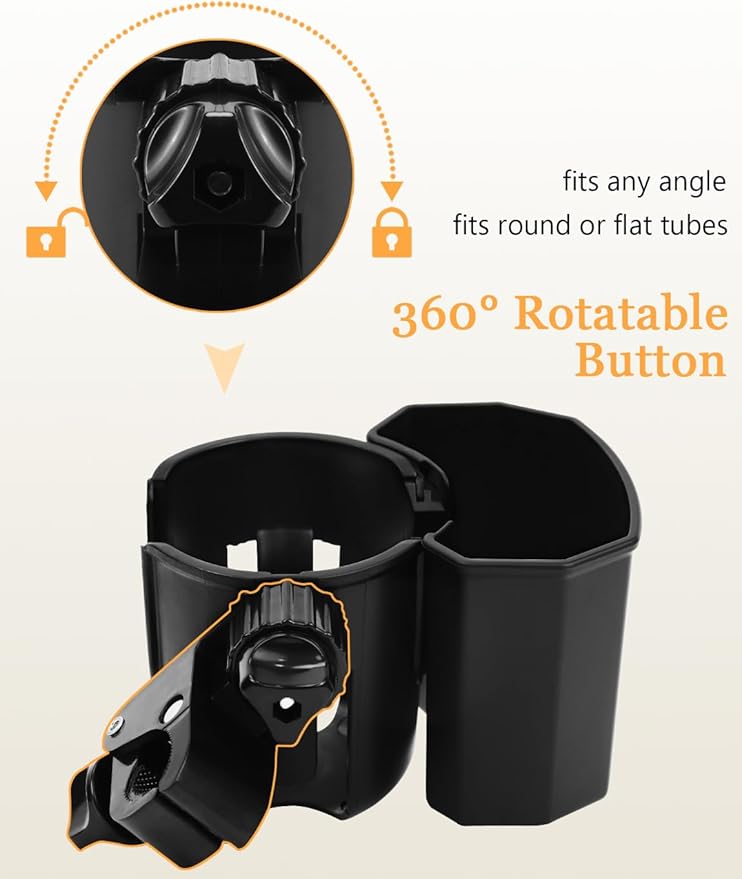 Universal Stroller Cup Holder with Phone Holder, 360° Rotatable Strong Clip, Big Storage Space for Walker, Wheelchair, Stroller, Bike