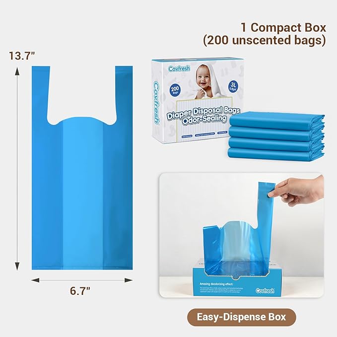 Odor Sealing Diaper Disposable Bags with Tie Handle, 200 count | Large Capacity, Unscented & Durable Diaper Trash Bags for Home & Baby Travel Use (Color:Blue)