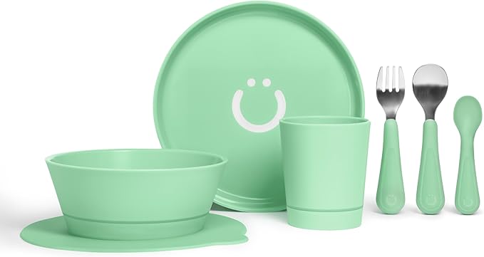 Ubbi Toddler Feeding Set, 7-Piece, Plate, Bowl, Cup + Baby & Toddler Stainless Steel Utensils, Interchangeable Suction Base, BPA-Free Dishwasher Safe, Self-Feeding for Baby-Led Weaning, Green
