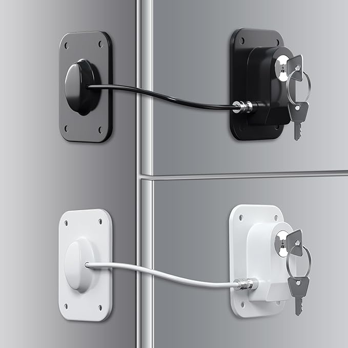 RORMGO Refrigerator Lock 2 Packs, Baby Proofing Fridge Locks with Silicone Wire Protection & Key - Easy Install Surface-Friendly for Freezer & Refrigerator, Black & White