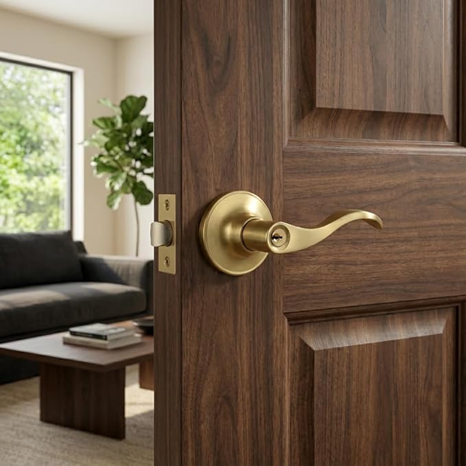 1 Pack of HENYIN Wave Lever Keyed Entry Door Lock/Door Knob Hardware Handle and Closet Lockset, Gold Color, with Key,Right Hand(805-G-R)
