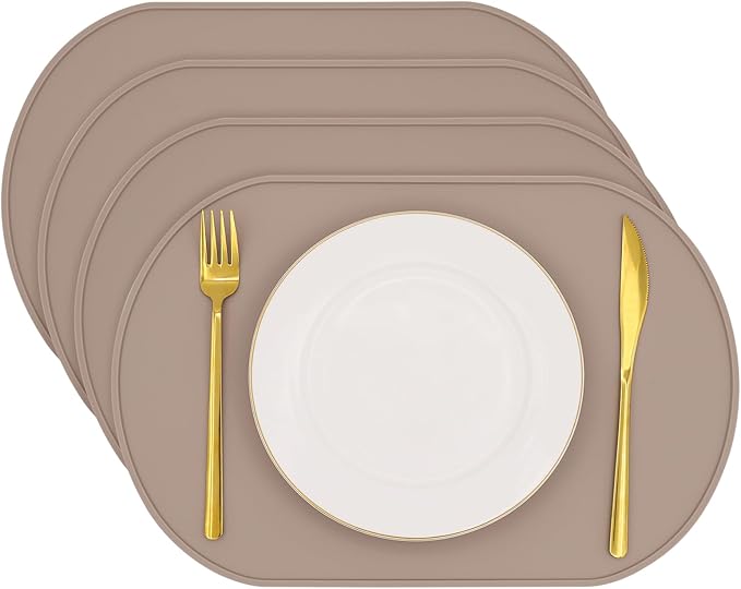 yuuzue Silicone Placemat Set of 4, Heat Resistant Placemats for Dinning Table, Reusable Portable Kids Baby Placemats, Waterproof Stain-Proof Toddler Food Mats, Easy to Clean Silicone Mat Oval Placemat