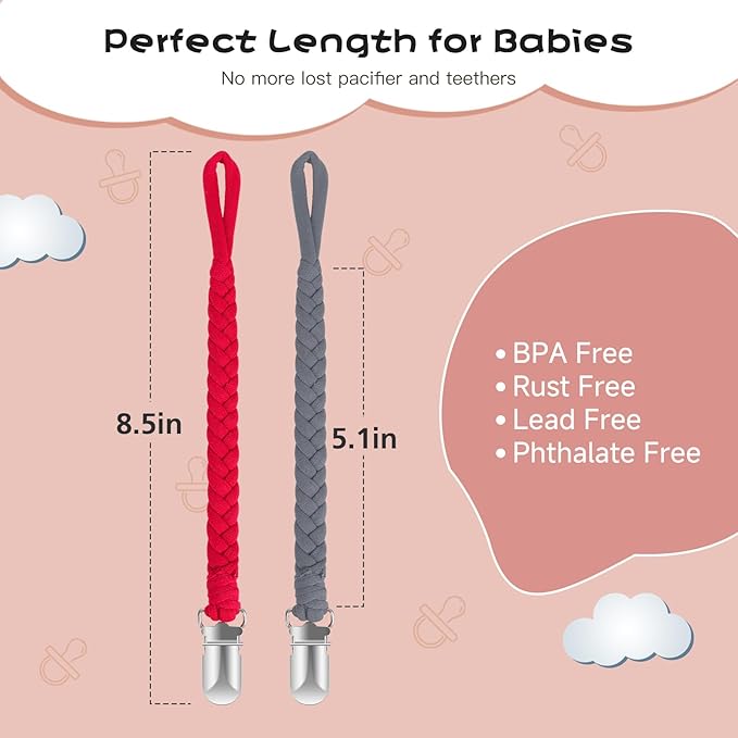 Pacifier Clip for Boys and Girls 6 Pack Baby Pacifier Holder Leash 100% Handmade Braided Fits All Pacifiers & Teething Toys Modern Unisex Baby Gift