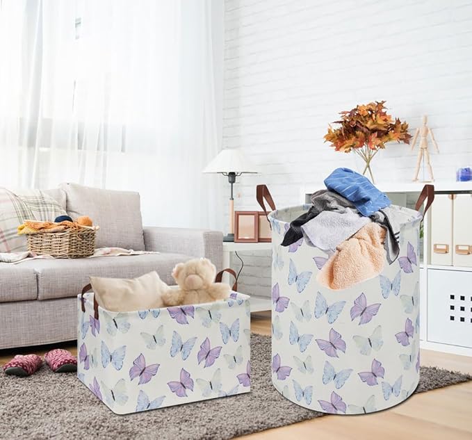 HKEC Rectangle Storage Basket with Handles, Collapsible Toys Bin, Books Box,Gift Basket(Blue & Purple Butterfly)