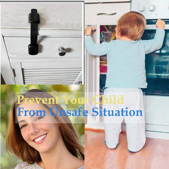 8 Pack Black Child Safety Cabinet Locks - Viaky Adjustable Straps Baby Proof Latches for Drawers, Oven, Refrigerator, Toilet Seat, Closet and Cupboard, Come with 9 Extra Strong Adhesive Pads
