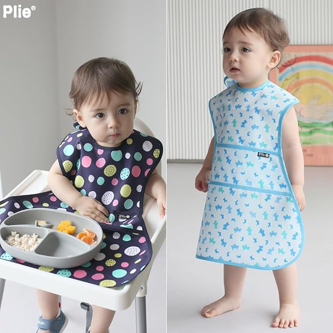 Plie Full Coverage Waterproof Feeding Bib for Toddlers – Extra Long Apron Bib for Mealtime, Self-Feeding, High Chairn