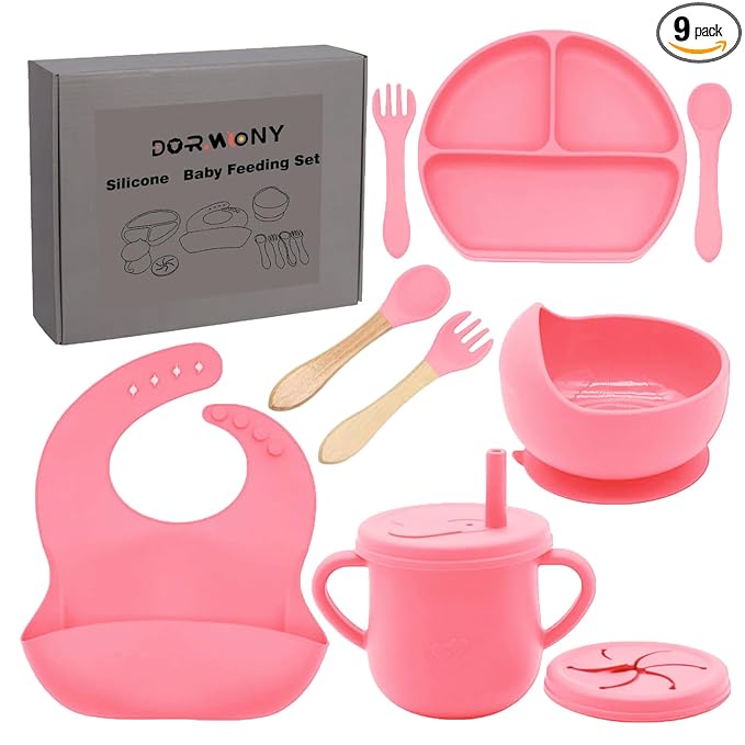 100% Silicone baby feeding set,BPA free Baby dishes set with Suction Bowl Divided Plate,Toddler Self Feeding Dish Set with Spoons Forks Sippy Cup And Bib, Baby Eating Utensils (Hot Pink)