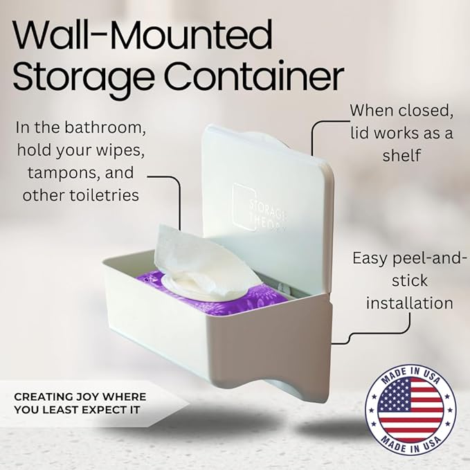 Storage Theory Bathroom Wipes Holder Dispenser with Shelf – Restroom Organizer & Wipe Holder for Bathroom – Tool Free Wall Mounted Baby Wipe Holder White, 1 Pack