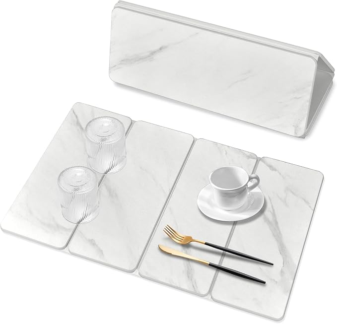 Large Stone Dish Drying Mats for Kitchen Counter, 24"(L)×16"(W) Marble Quick Dry Collapsible Dish Drying Mat, Eco-Friendly Absorbent Diatomaceous Earth Mats for Dishes Cups, Match Any Countertop