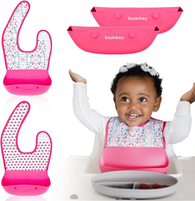 Bazzle Baby Silicone Bibs with Food Catcher - Rolls Up and Button closed for easy travel and storage Waterproof 2-Pk