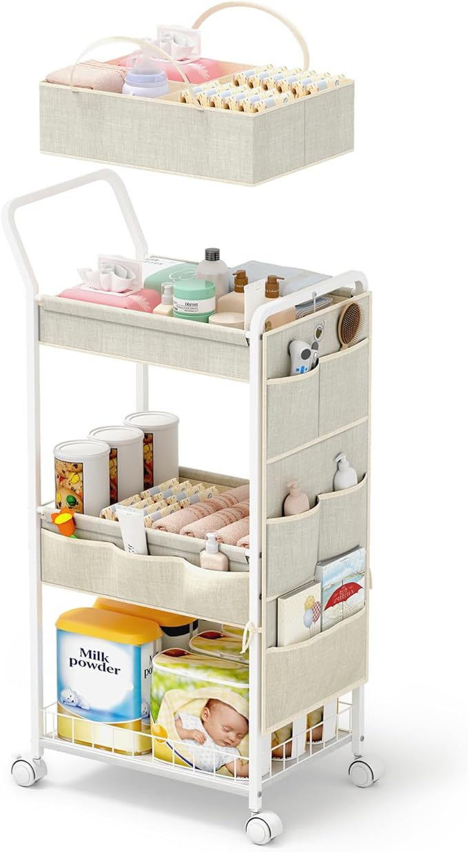 BBLIKE 3-Tier Diaper Caddy Organizer - Rolling Utility Baby Cart with Basket and Side Pockets for Nursery and Baby Essentials, Multi-Function Cart for Bedroom and Bathroom, Begie
