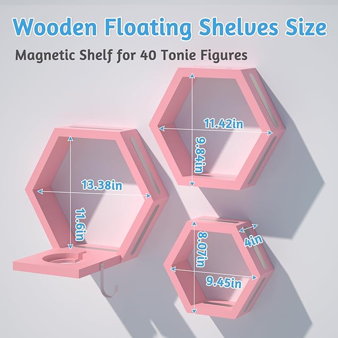 Hexagon Tonies Shelf Magnetic - Tonies Storage Shelf Set of 3 for Kid Room, Wooden Magnetic Display Shelf for TonieBox Holder, Wall Floating Shelves Toy Storage Compatible with Tony Accessories(Pink)