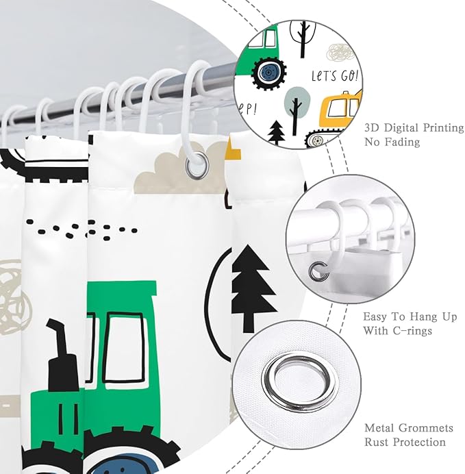 Colourful Construction Truck Shower Curtain Cartoon Excavator Vehicle Tractor Cars for Boys Kids Machinery Bathroom Decor Waterproof Fabric 72Lx72W Inch with Hooks