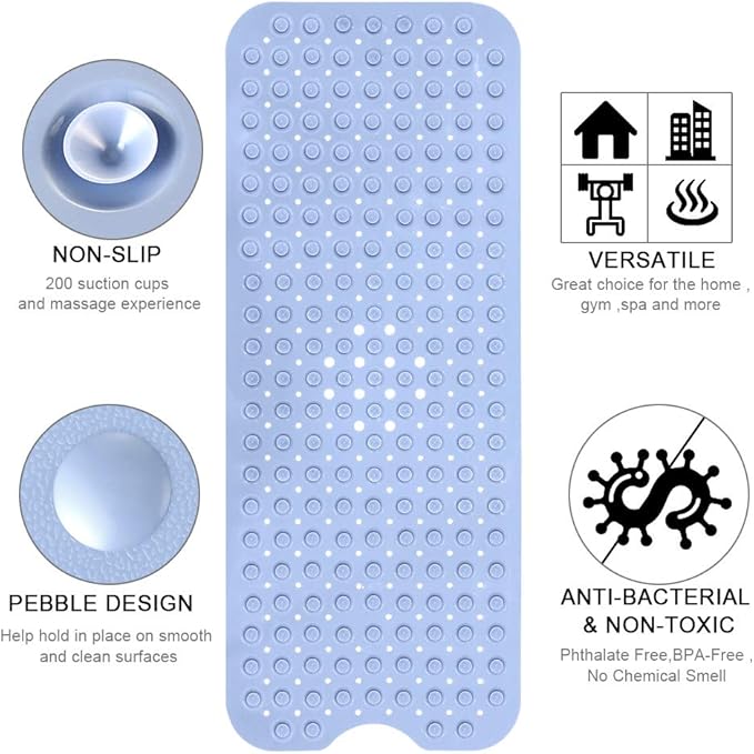 YINENN Bath and Shower Safety Mats 40x16 inch, Non Slip with Suction Cups for Bathroom Stall and Tub Floor, Extra Large and Machine Washable, Drain Holes Keep Bathtub Clean, Light Blue