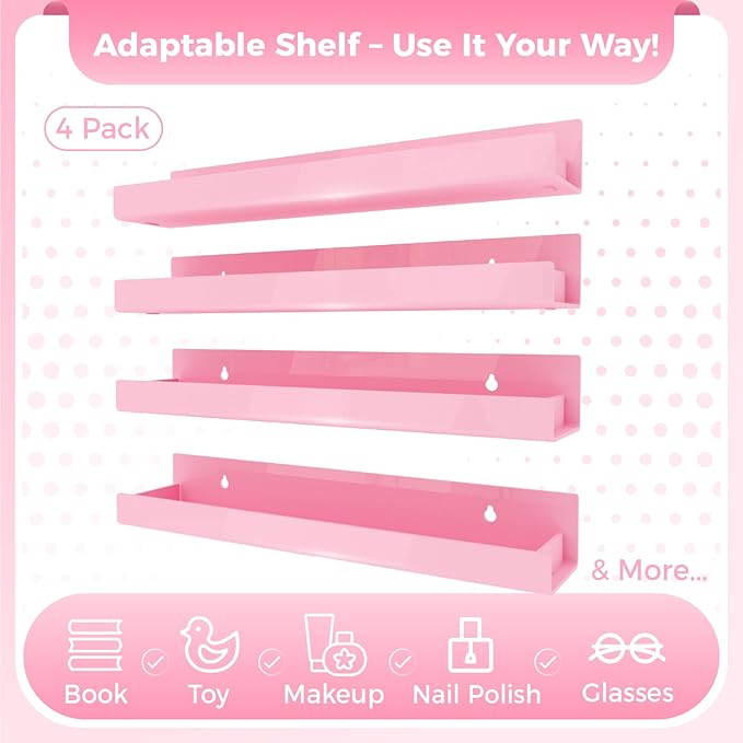 RORKIM 4 Pack 15 Inch Pink Acrylic Shelves, Kids Floating Bookshelf for Kids Room, Modern Nail Polish Rack Sunglasses Essential Oil Picture Ledge Display Toy Storage Wall Shelf