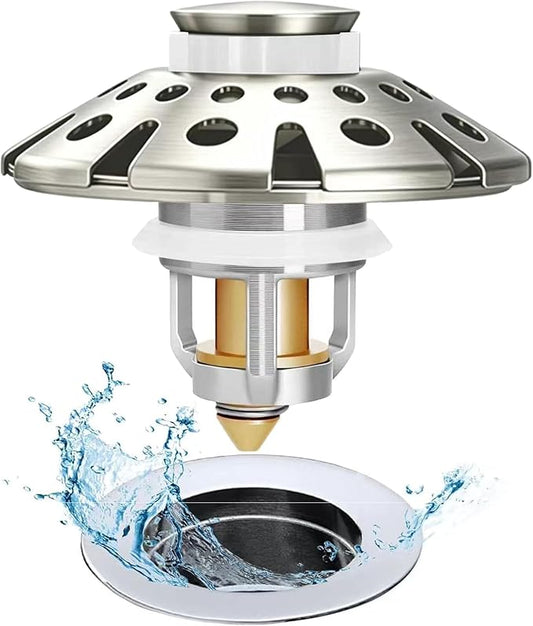 AzWzz Bathroom Sink Drain Strainer, 3 in 1 Pop Up Bathroom Sink Stopper Plug with Hair Catcher Cover, Universal for 1.06 in to 1.6 in Sink Drain, Brushed Nickel