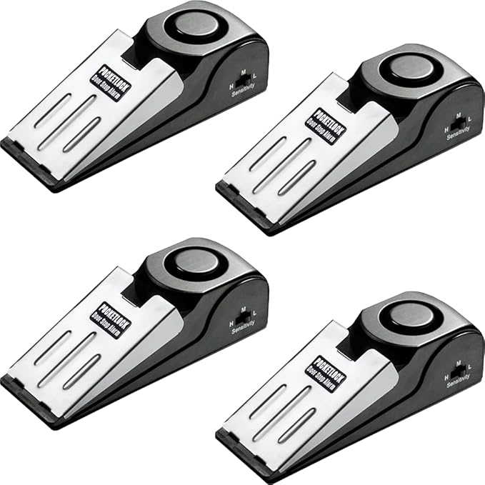 Door Stop Alarm with 120 dB Siren – Portable Travel Door Stopper Alarm Wedge for Hotel, Apartment & Dorm Security – Battery-Operated, Black, 4-Pack
