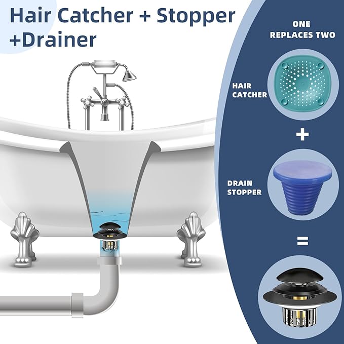 Drain Strainer Universal Tub Stopper Bathtub Drain, Drain Hair Catcher and Cover, Pop Up Tub Stopper Bathtub Drain Plug Cover Replaces Bath Tub Bathtub Drains (Black)