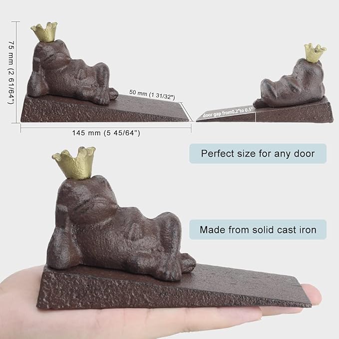 Earl Diamond Heavy Duty Cast Iron Cute Crown Frog Door Stops | Decorative Cute Animal Statue Metal Door Stopper Wedge, with Non-Slip Mat for Home Office Commercial