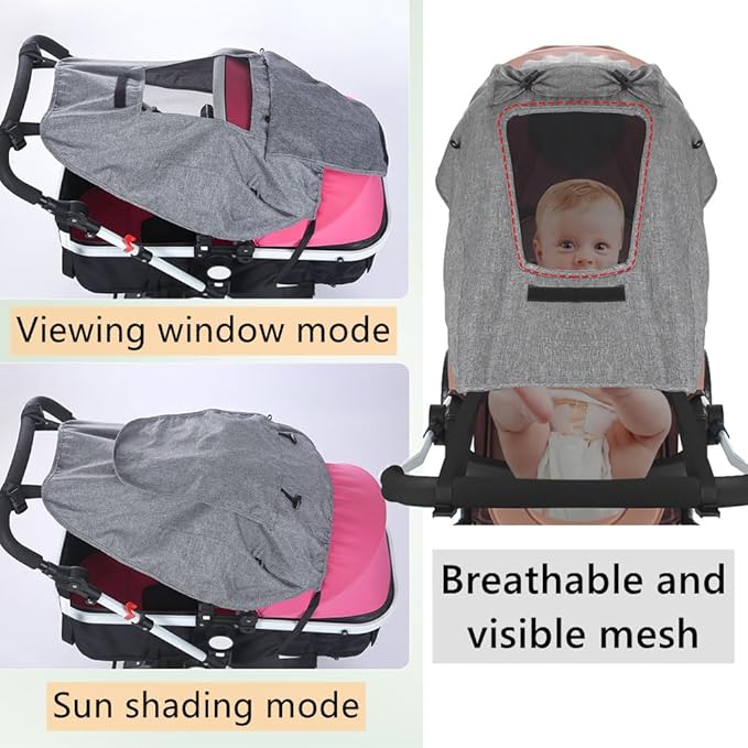 Universal Stroller Sun Shade UV Sun Protection Shade Blackout Cover Waterproof Baby Stroller Cover UPF50+ Pushchair Shield Canopy with Viewing Window Detachable Rain Sunshade Canopy Shield Pram Buggy
