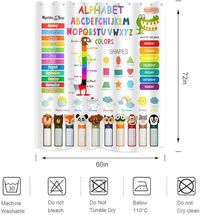 Kids Educational Shower Curtain ABC Learning Tool Funny Cartoon Animals Colors Shapes Weathers Multiplication Table Girls Boys Colorful Decor Waterproof Fabric 72Lx60W Inch with Hooks