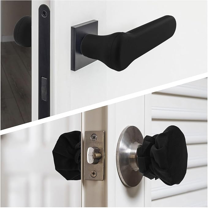 Door Handle Cover Set, 1pc Silicone Door Handle Glove Cover & 2pcs Decorative Round Door Knob Covers Anti-Static Safety Protector for Handles/Knobs (Black)