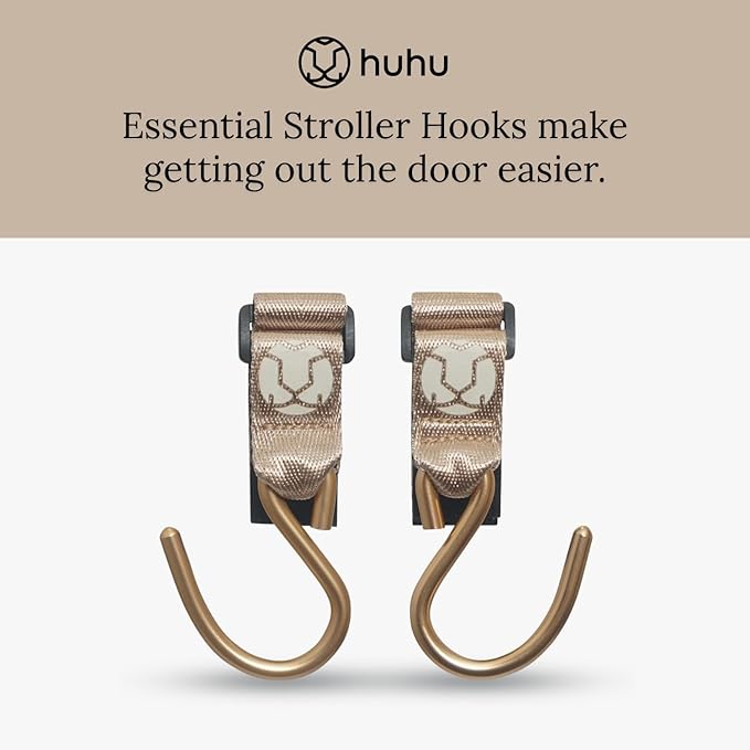 Huhu Essential Stroller Hooks - Lightweight Aluminum Stroller Bag Hook with Adjustable Straps, Matte Gold S-Hooks for Diaper Bag, Shopping, Everyday Essentials – Universal Fit Baby Stroller Accessory