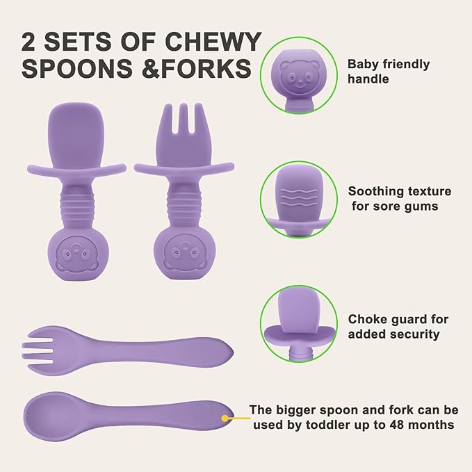 Munlinder Silicone Baby Feeding Set | Baby Led Weaning Supplies Includes Suction Bowls and Divided Plates, Adjustable Bib, Baby Utensils Spoons and Forks,Cup | Baby Feeding Essentials (Purple)