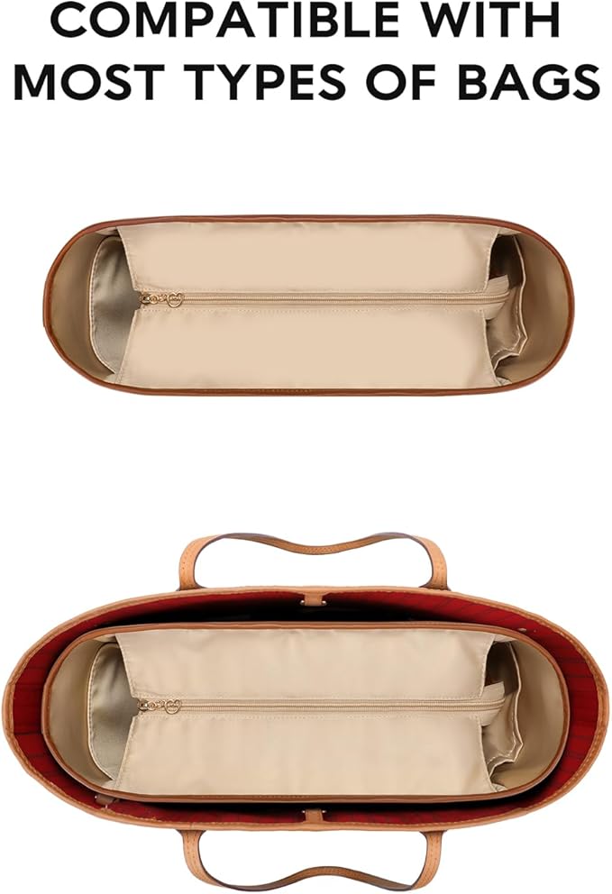 GIVLEFLY Tote Organizer Insert with Multiple Pockets Zipper Purse Dividers with Handle Lightweight Purse Liner with Cup Holder Fit for Saint Louis Large, Neverful and More(Extra Large,Beige)